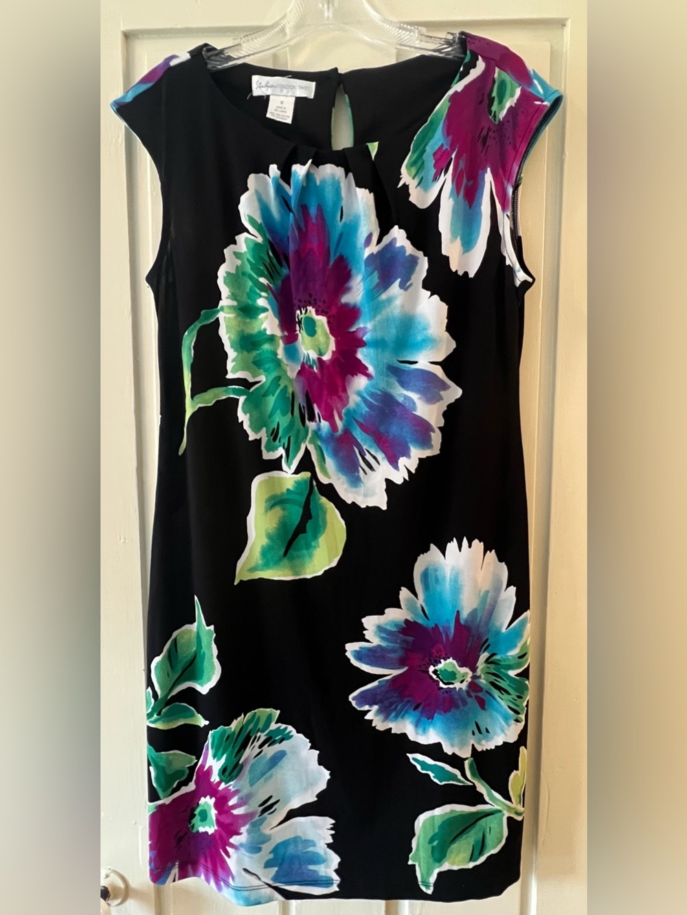 London Times Black Mini Dress with Teal, Purple & Green Floral Print